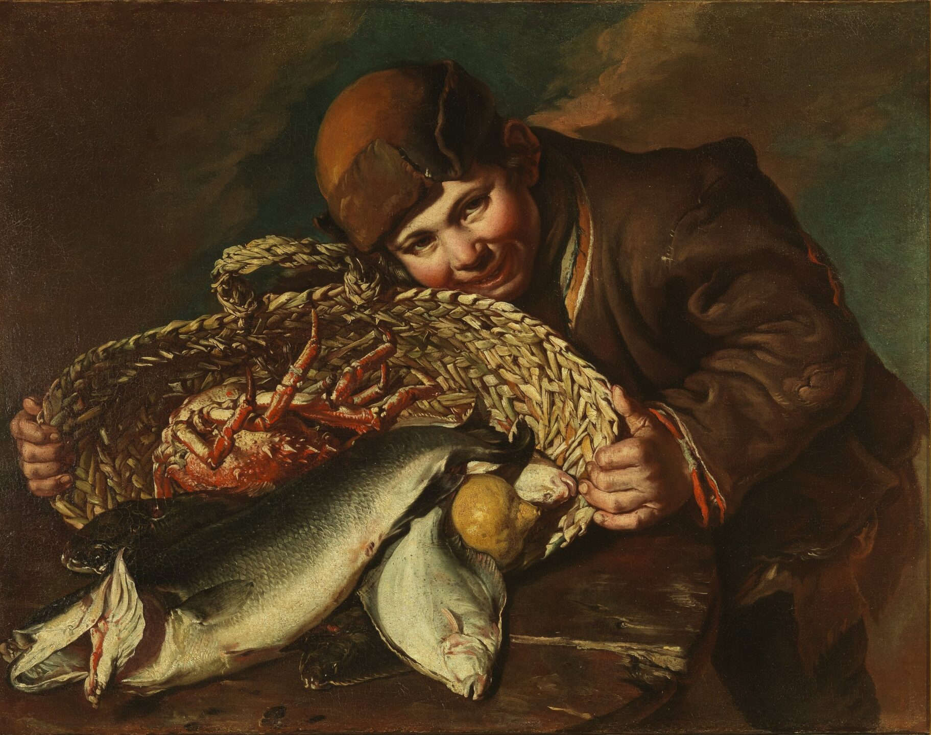 Giacomo Ceruti, Boy with a Basket of Fish and Spider Crabs (c. 1735–1740; oil on canvas, 56 &times; 73 cm; Florence, Uffizi Galleries, Palazzo Pitti, inv. 1911 no. 301)