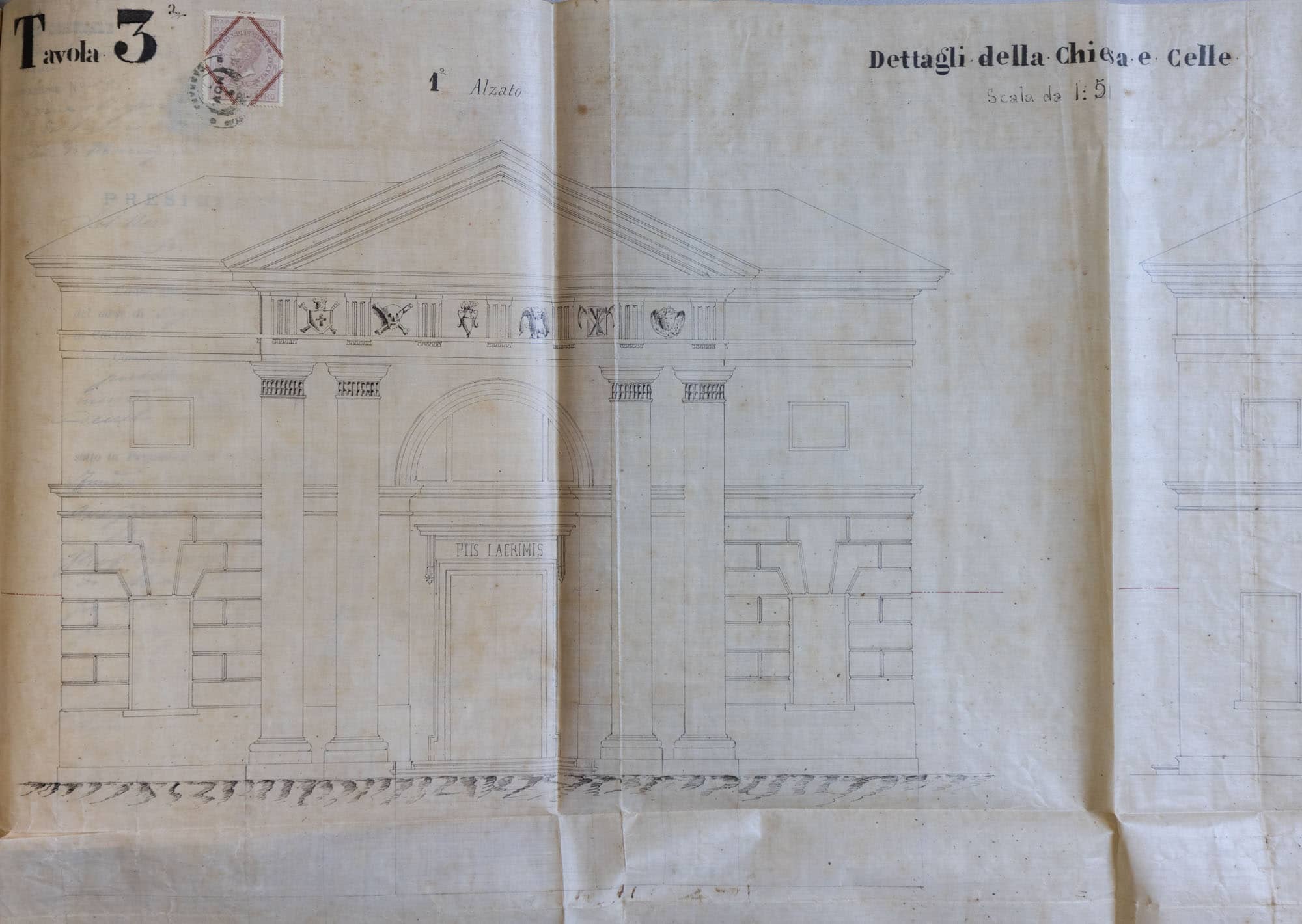 Francesco Bourelly, proyecto para la iglesia del nuevo cementerio de Marcognano, detalle con el alzado de la capilla central, 1868. ASMs, Ayuntamiento de Carrara, Serie I, b. 673, fasc. Actas de subasta, Lámina III