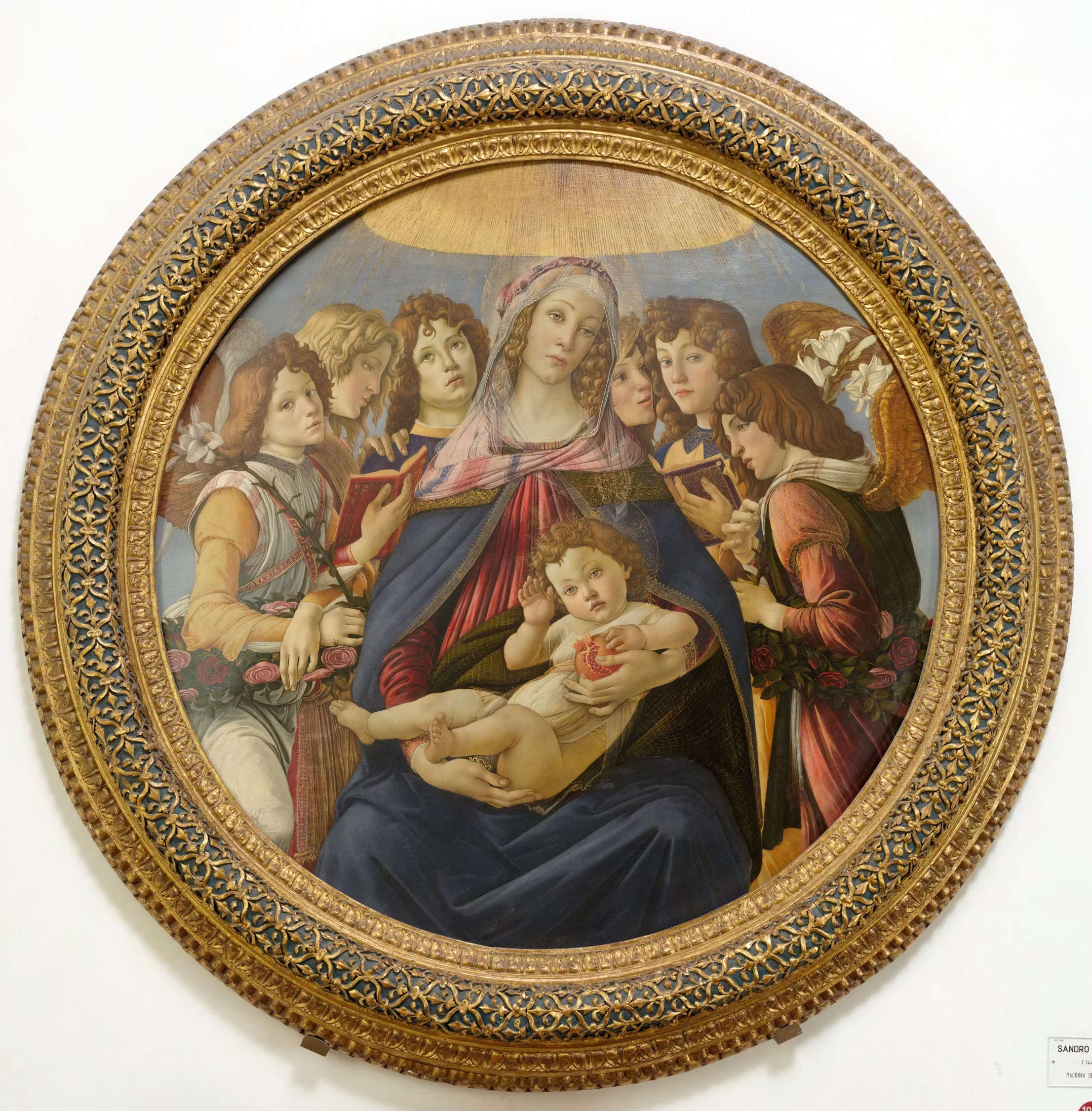 Sandro Botticelli, La Vierge à la grenade (vers 1487 ; tempera sur bois, 143,5 cm ; Florence, Galeries des Offices, inv. 1890 n° 1607)