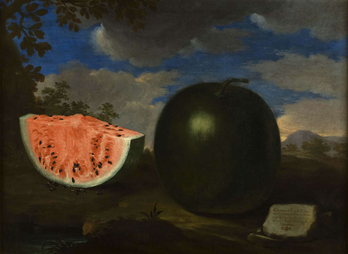 Bartolomeo Bimbi, „Wassermelone“ von Amerigo Baldi (1704; Öl auf Leinwand, 97 × 131 cm; Florenz, Naturkundemuseum, Botanische Abteilung, Inv.-Nr. 1930, Nr. 350)