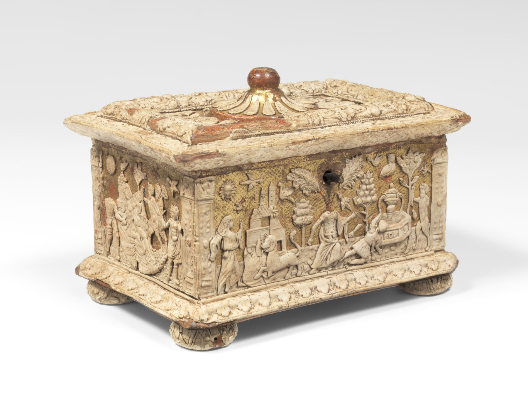 Schatulle, Bottega dei temi morali e amorosi (erstes Viertel 16. Jahrhundert; vergoldetes Holz, Pastille, Schmiedeeisen; Rom, VIVE - Vittoriano und Palazzo Venezia)