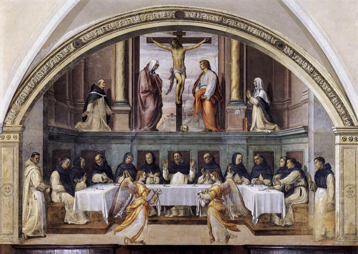 Giovanni Antonio Sogliani, Das Wunder der von Engeln gespeisten Dominikaner oder Kreuzigung und das Brotwunder des Heiligen Dominikus (1536; Fresko; Florenz, San Marco)