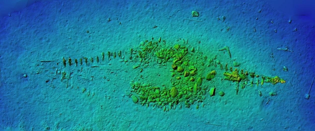 Bahía de Tristomo. Modelo digital del terreno (DEM) de un pecio de madera de principios del siglo XIX. Editado por: E. Diamantis. Foto: Ministerio de Cultura de Grecia