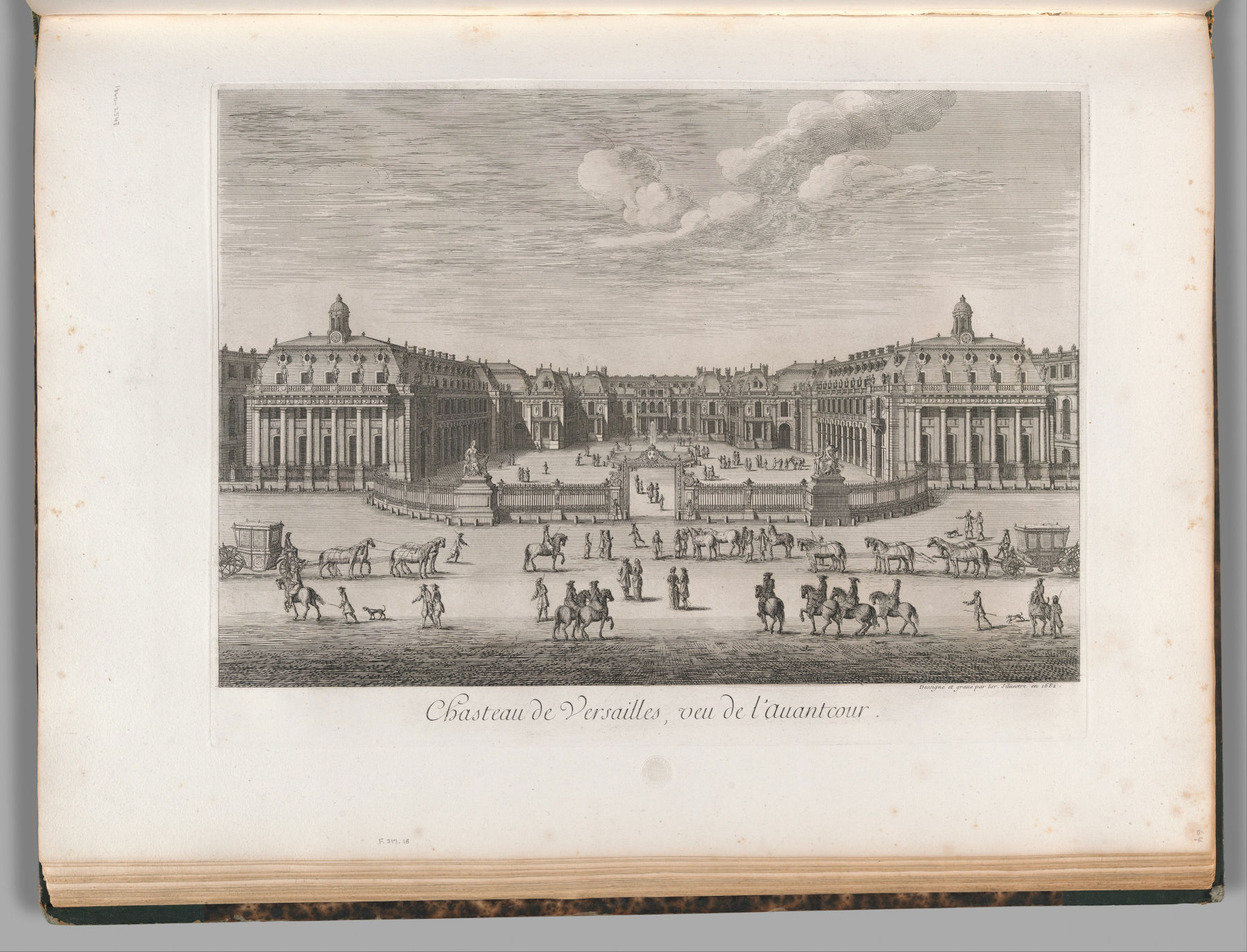 Israel Silvestre, El palacio de Versalles visto desde el patio delantero, de Chalcographie du Louvre, Vol. 22 (1682, reimpreso hacia 1860; grabado, 38 x 50,4 cm; Nueva York, Museo Metropolitano de Arte, inv. 30.22(22.64)) Fondo Harris Brisbane Dick, 1930