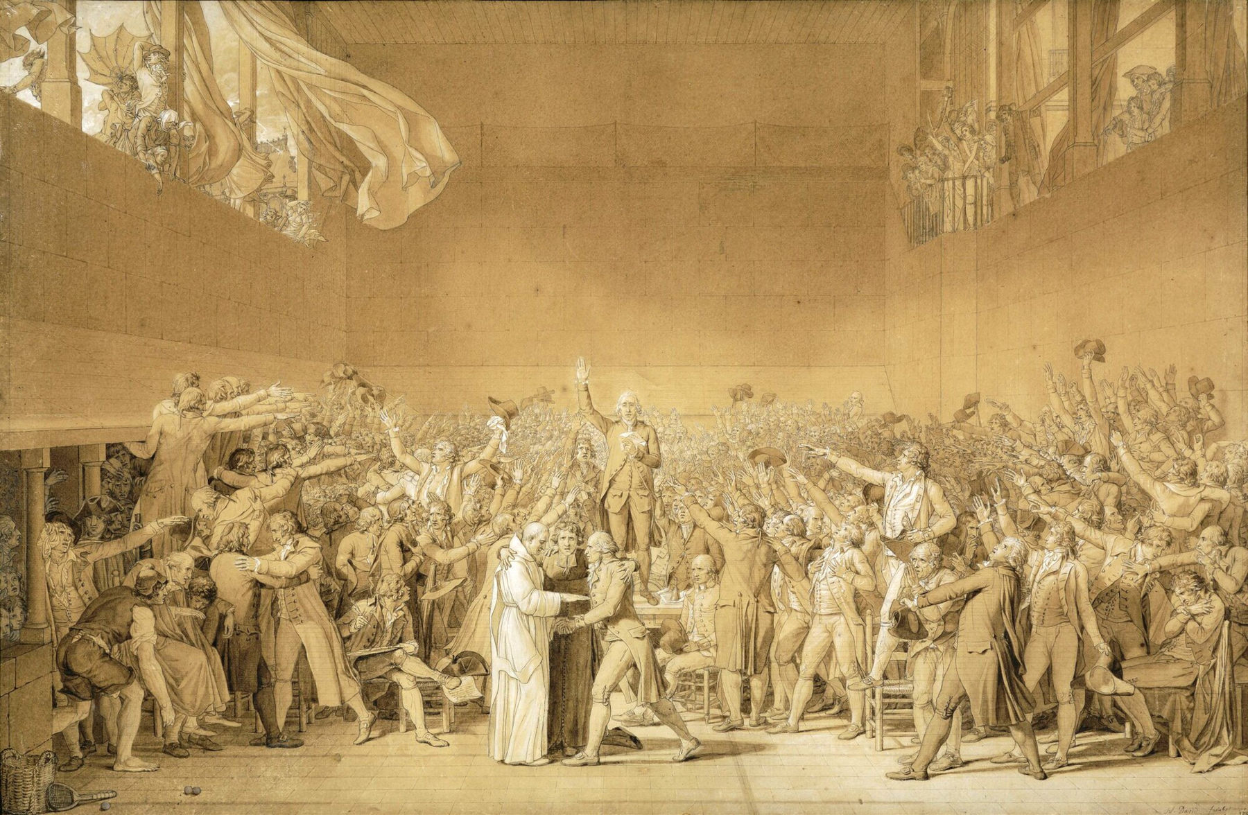 Jacques-Louis David, Le serment du Jeu de Paume, 20 juin 1789 (1791; pluma, tinta, acuarela y realces blancos sobre lápiz sobre papel, 65,5 x 101 cm; Versalles, Ch&acirc;teau de Versailles - Mus&eacute;e de l'Histoire de France, inv. Dess 736) &copy; Ch&acirc;teau de Versailles, Dist. RMN / &copy; Jean-Marc Mana&iuml;. Foto: Wikimedia Commons