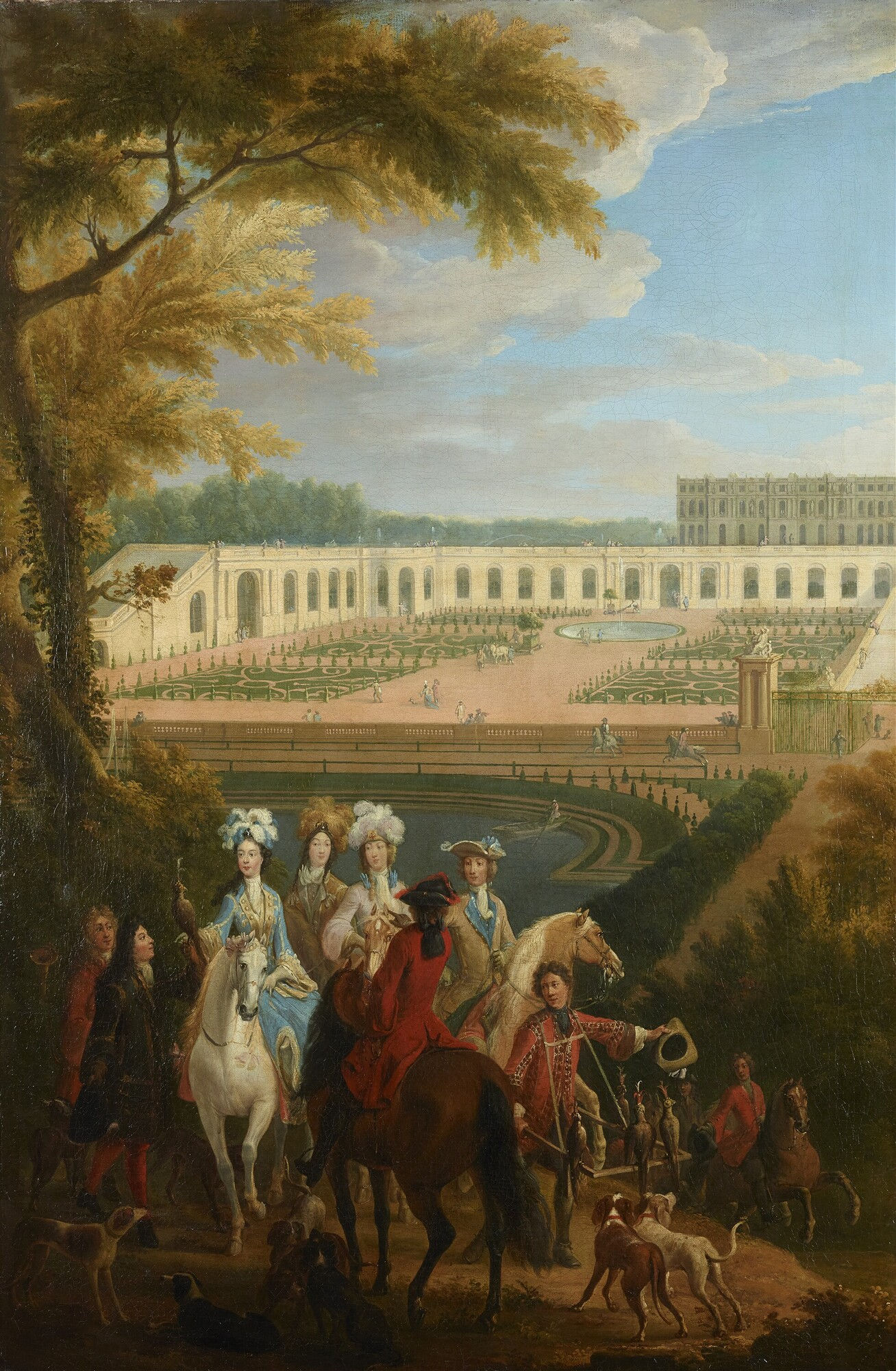 Atribuido a Pierre-Denis Martin, Vista de la duquesa de Borgoña saliendo de caza delante del invernadero de Versalles (1697-1700; óleo sobre lienzo, 122 x 80,2 cm; Versalles, Chateau de Versailles - Mus&eacute;e de l'Histoire de France, MV 5696) Foto: Wikimedia Commons