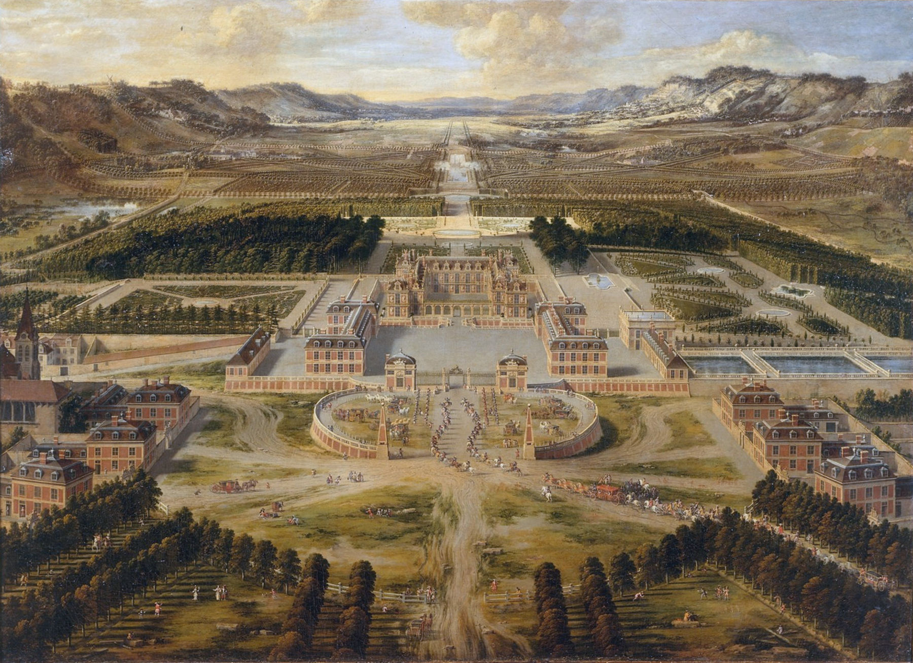 Pierre Patel, Vista del palacio y los jardines de Versalles, tomada desde la avenida de París (1668; óleo sobre lienzo, 115 x 161 cm; Versalles, Chateau de Versailles - Mus&eacute;e de l'Histoire de France, MV 765) Foto: Wikimedia Commons