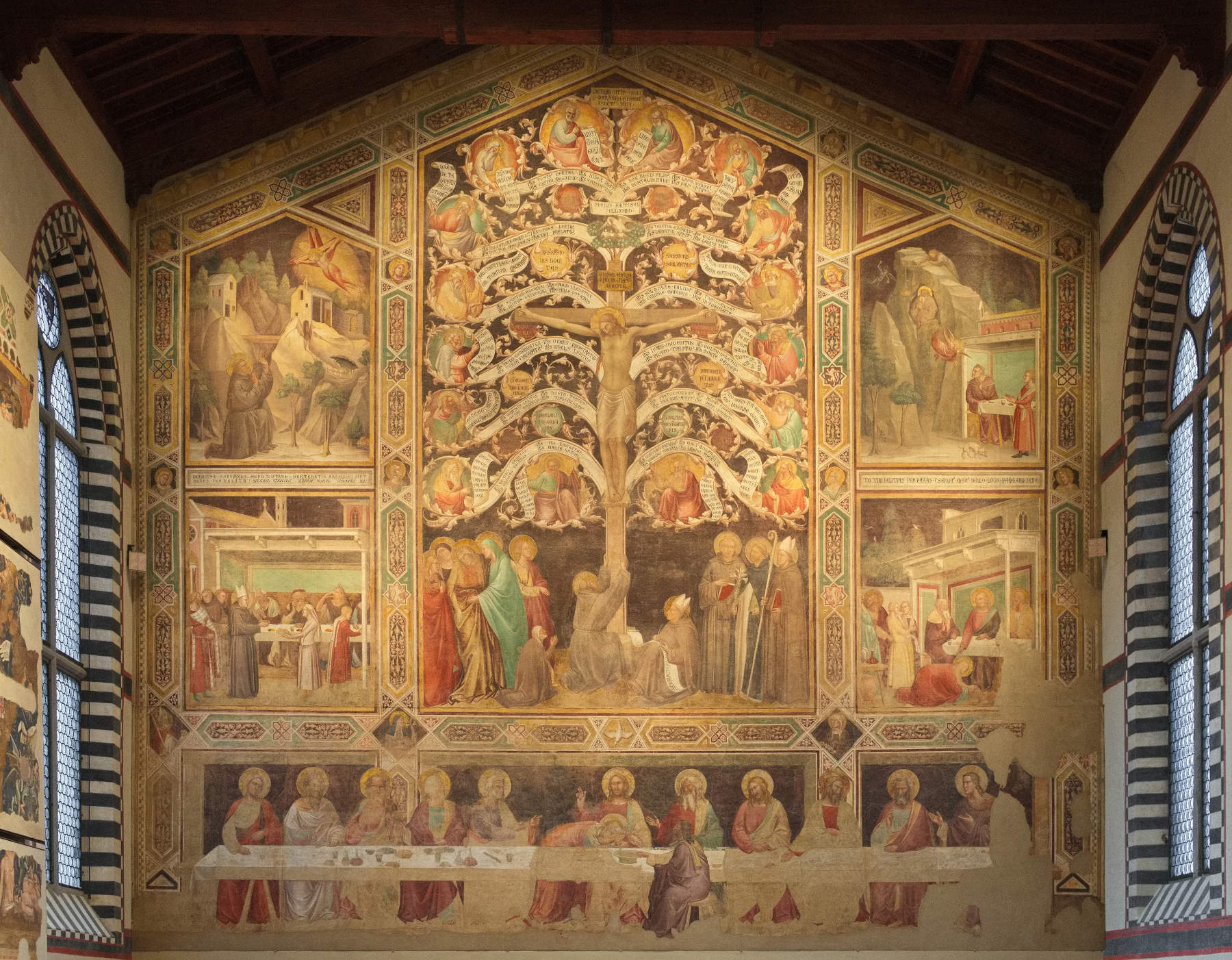 Taddeo Gaddi, Baum des Lebens und Das letzte Abendmahl (ca. 1345–1350; abgelöstes Fresko, 112 × 117 cm; Florenz, Abendmahl in Santa Croce) Foto: Wikimedia Commons | MenkinAlRire – Creative Commons Attribution-Share Alike 4.0 International-Lizenz.
