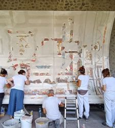 Pompeii: The frescoed vaulted ceiling of the House with Bakery, dedicated to the Dionysian theme, has been restored